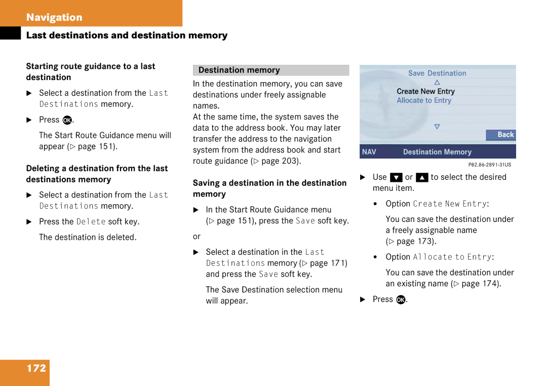 Mercedes-Benz 6515 6786 13 manual 172, Starting route guidance to a last destination, Destination memory 