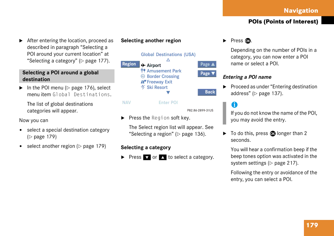 Mercedes-Benz 6515 6786 13 179, Selecting a POI around a global destination, Selecting another region, Entering a POI name 
