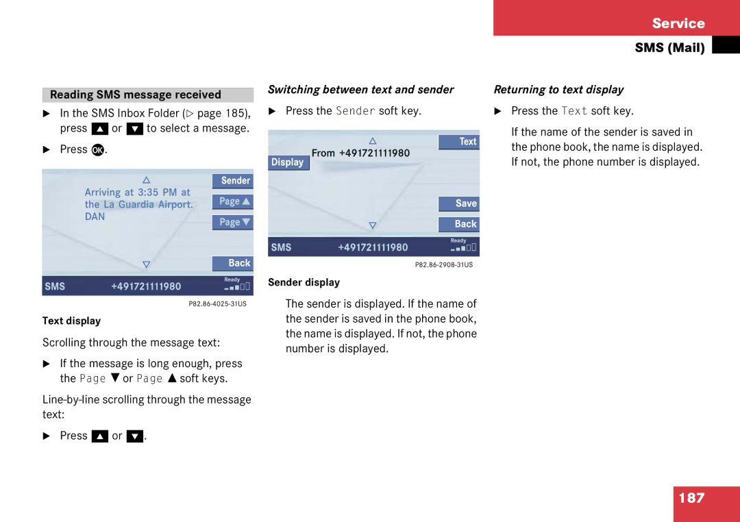 Mercedes-Benz 6515 6786 13 187, Reading SMS message received, Switching between text and sender Returning to text display 