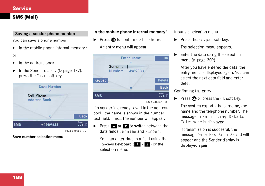 Mercedes-Benz 6515 6786 13 manual 188, Saving a sender phone number, Mobile phone internal memory 