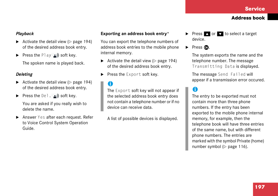 Mercedes-Benz 6515 6786 13 manual 197, Playback, Deleting, Exporting an address book entry 