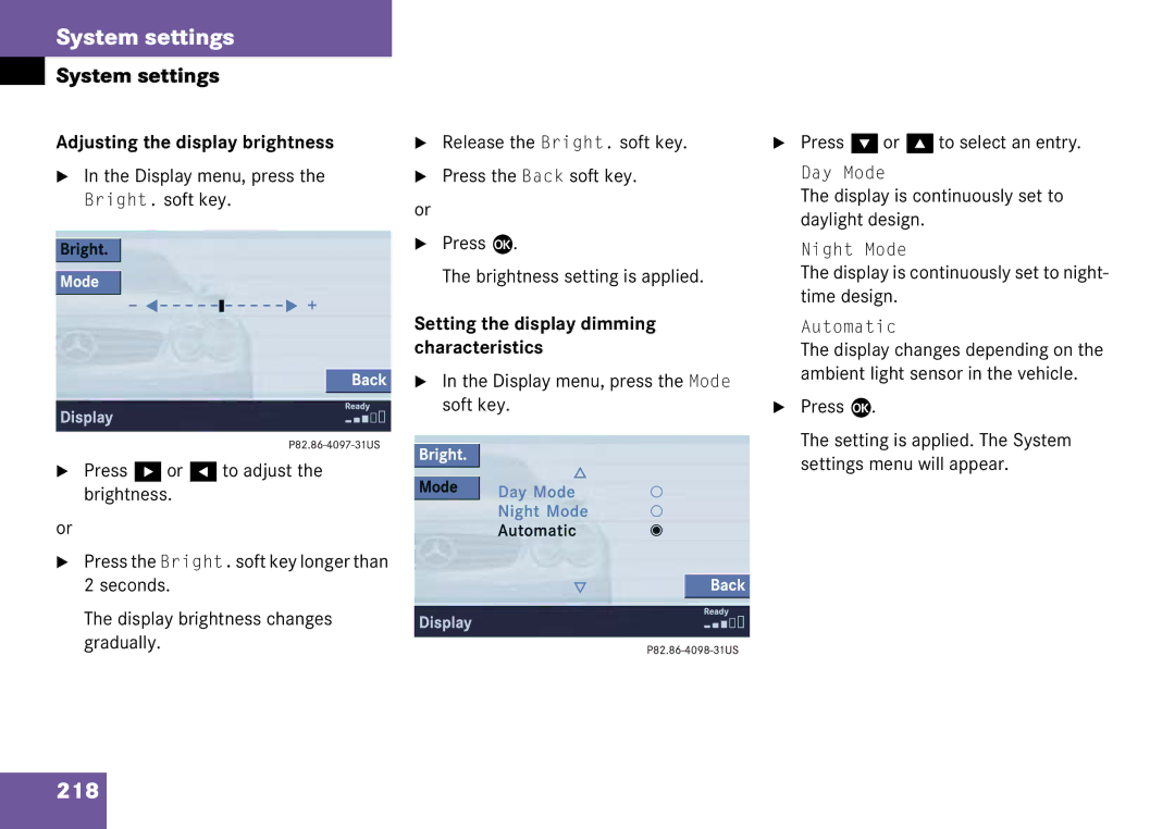 Mercedes-Benz 6515 6786 13 manual 218, Adjusting the display brightness, Setting the display dimming characteristics 