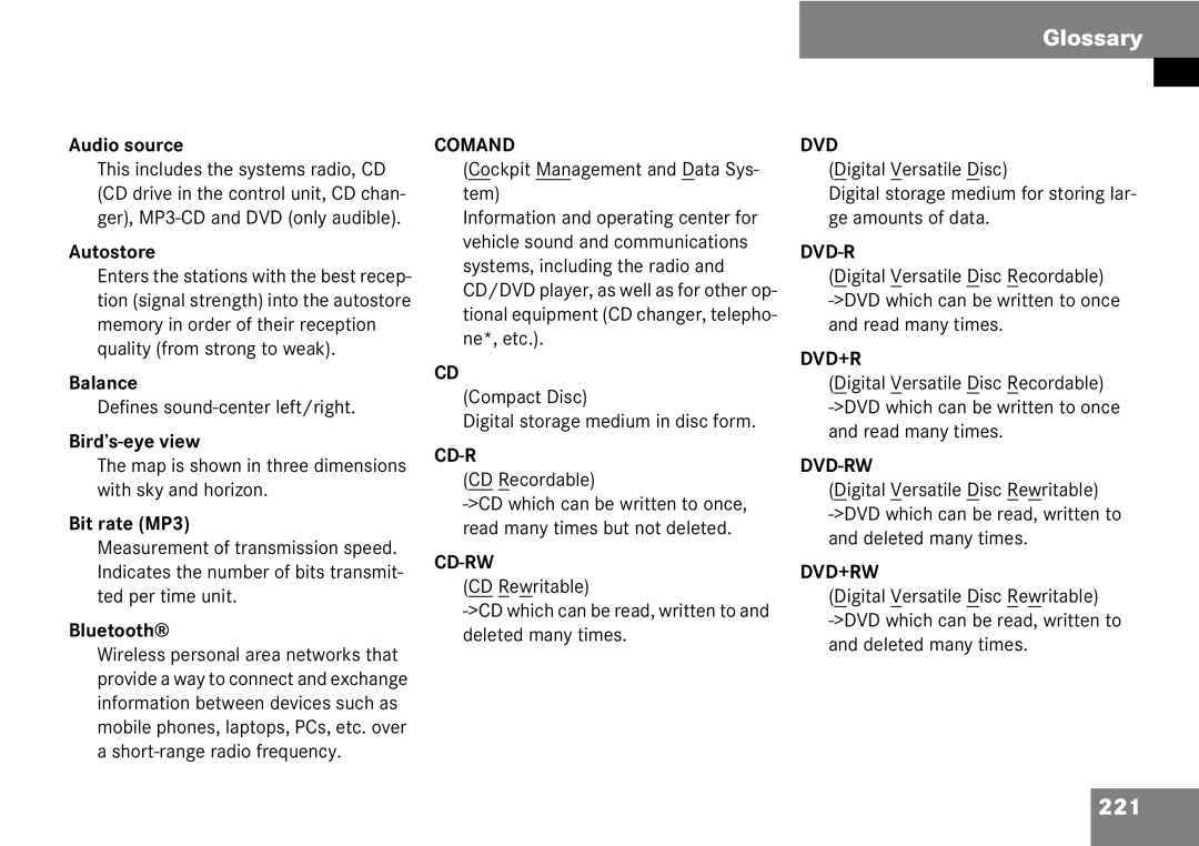 Mercedes-Benz 6515 6786 13 manual Glossary, 221 