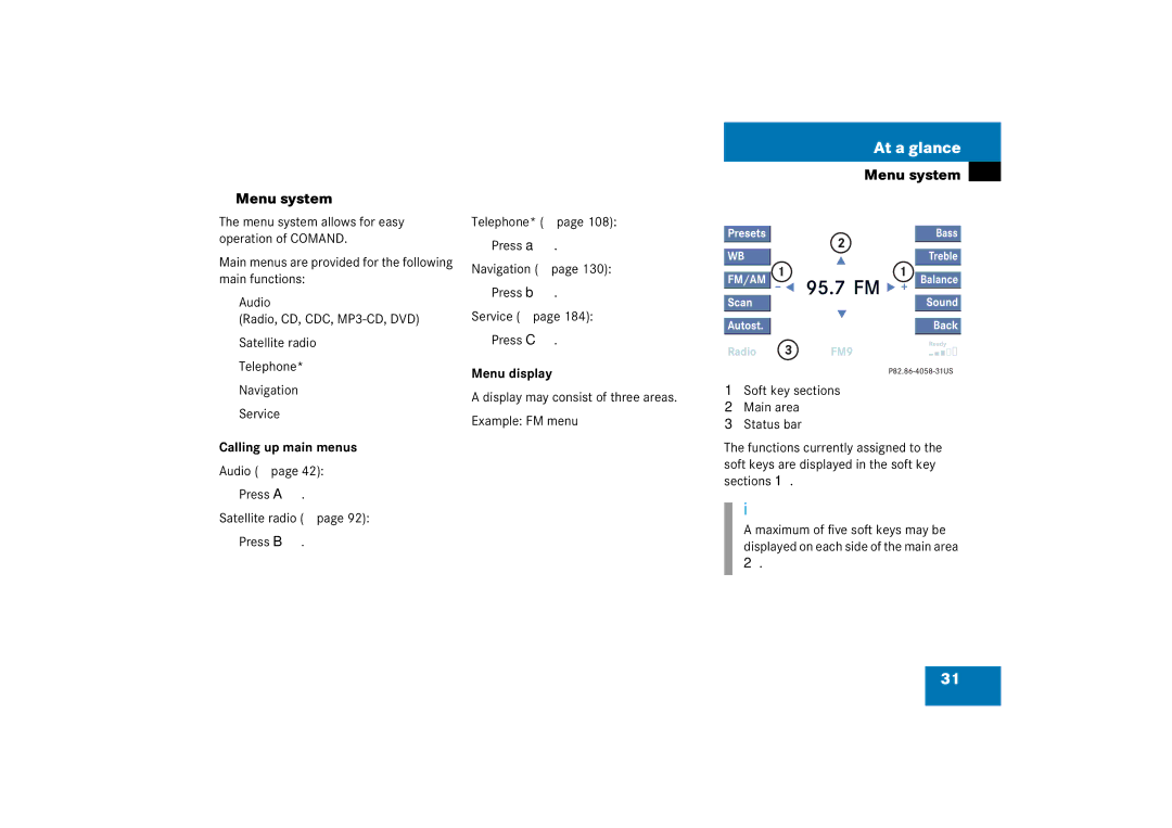 Mercedes-Benz 6515 6786 13 manual Calling up main menus, Menu display, Display may consist of three areas. Example FM menu 