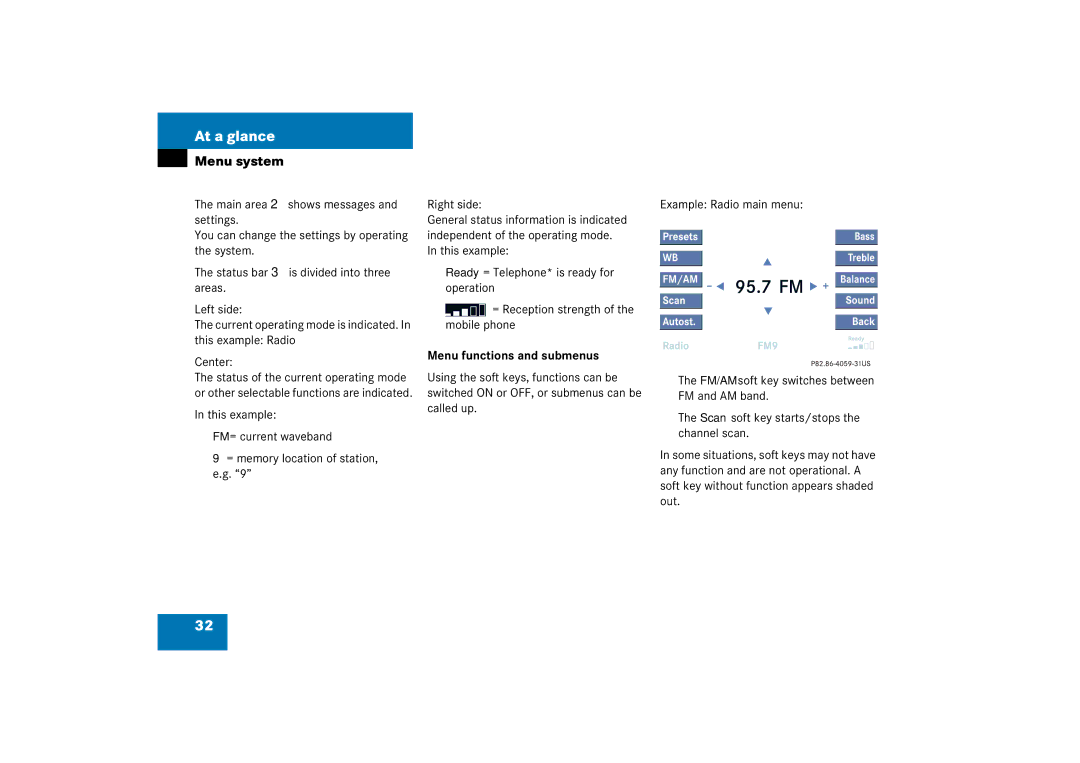 Mercedes-Benz 6515 6786 13 manual Menu functions and submenus 