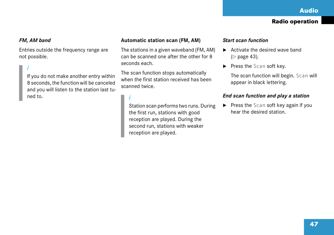 Mercedes-Benz 6515 6786 13 manual FM, AM band, Automatic station scan FM, AM, Start scan function 