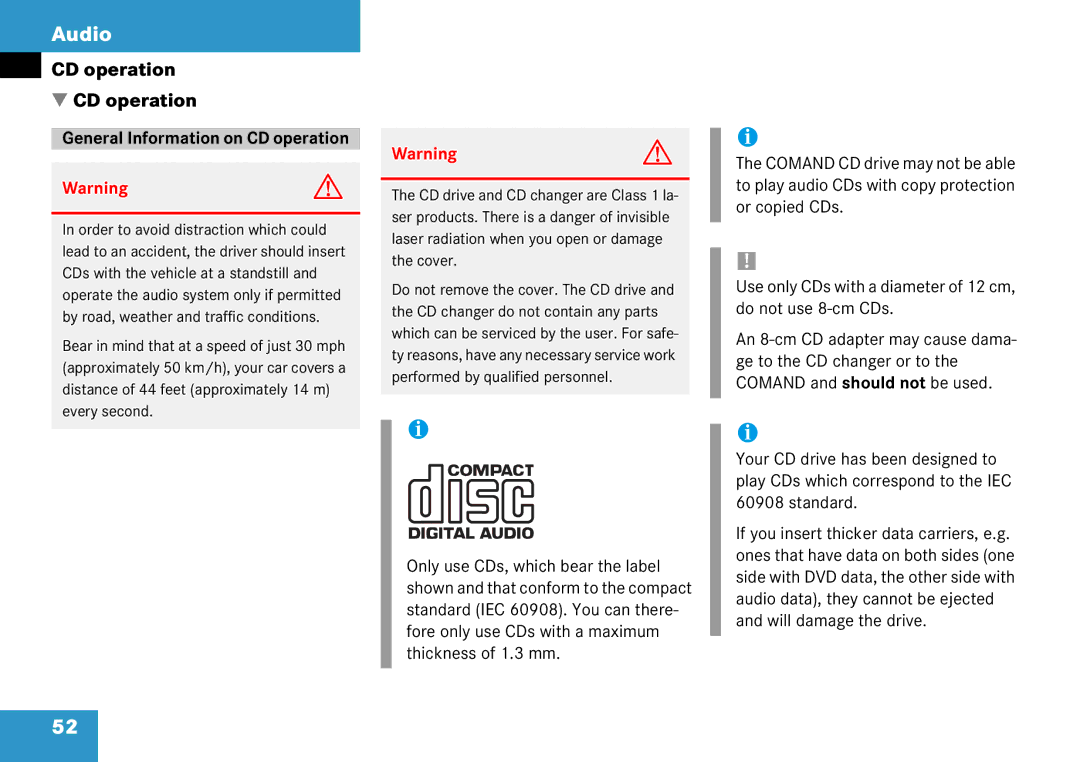 Mercedes-Benz 6515 6786 13 manual General Information on CD operation 