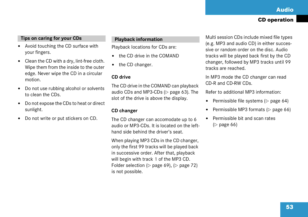 Mercedes-Benz 6515 6786 13 manual Tips on caring for your CDs, Playback information, CD drive, CD changer 