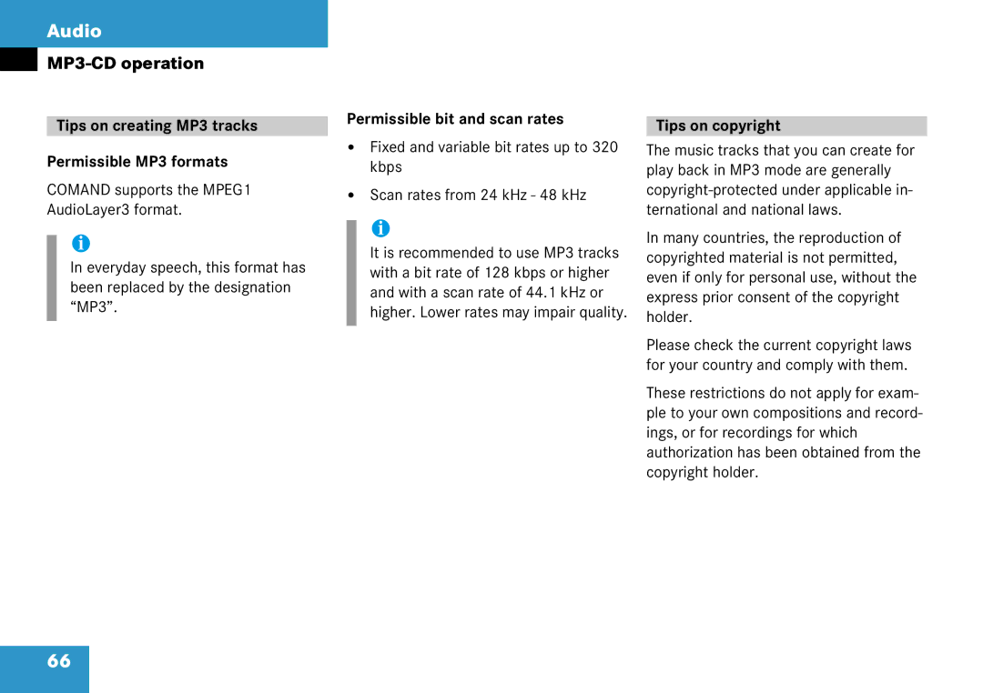 Mercedes-Benz 6515 6786 13 manual Tips on creating MP3 tracks Permissible MP3 formats, Permissible bit and scan rates 