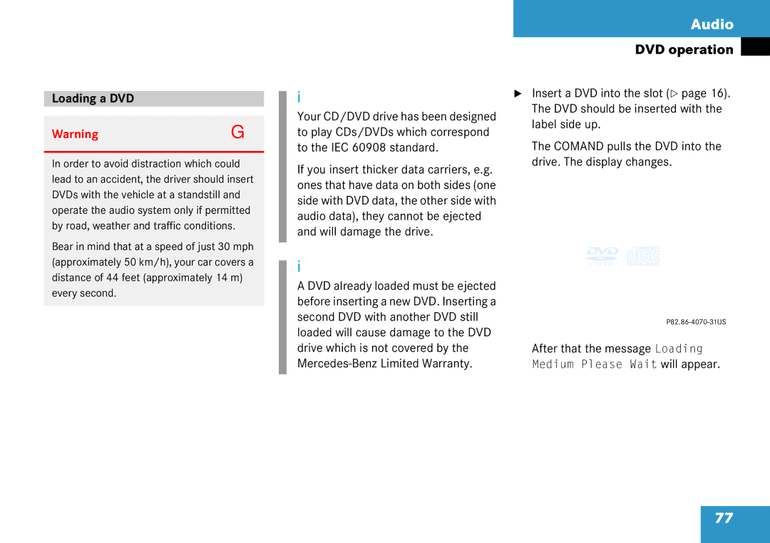 Mercedes-Benz 6515 6786 13 manual Loading a DVD 