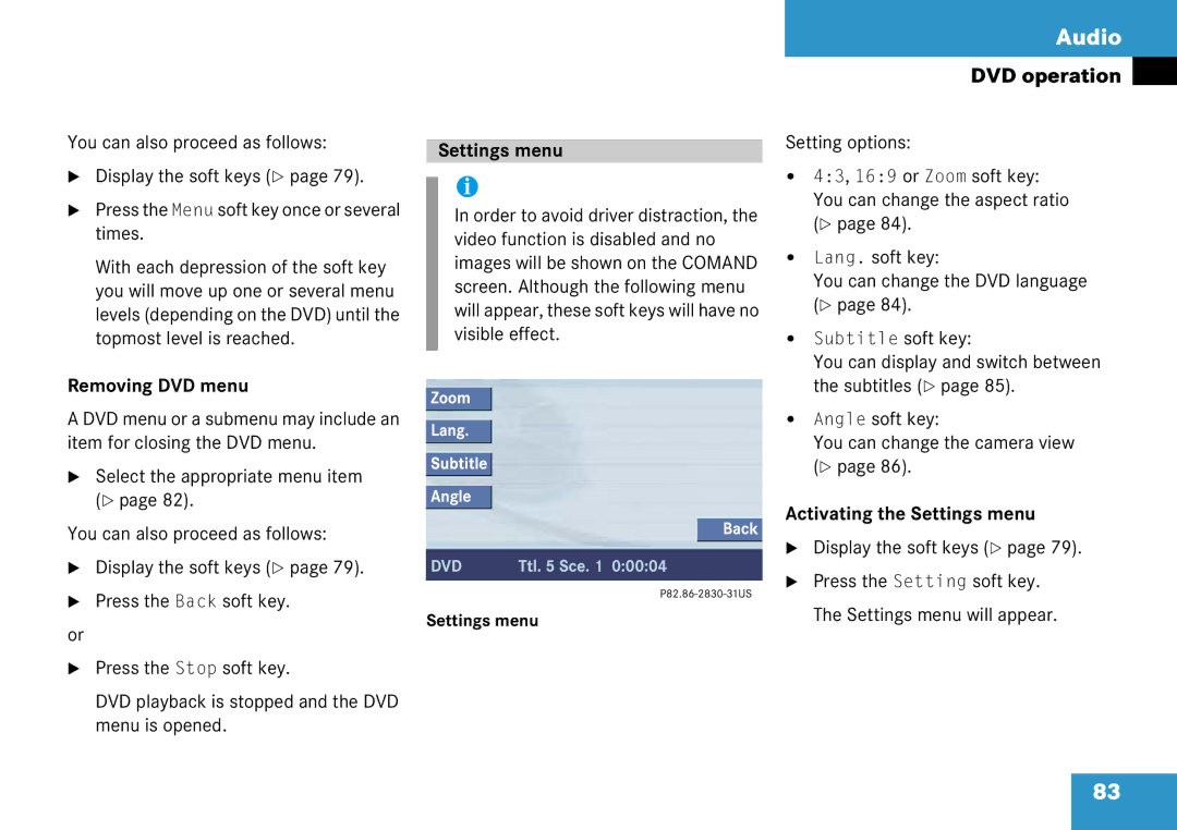 Mercedes-Benz 6515 6786 13 manual Removing DVD menu, Activating the Settings menu 