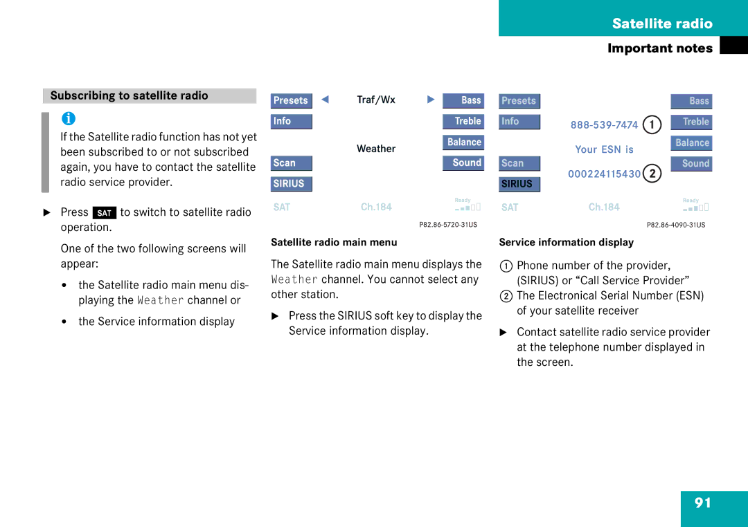 Mercedes-Benz 6515 6786 13 manual Subscribing to satellite radio, Service information display 