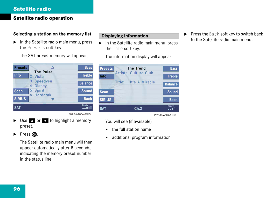 Mercedes-Benz 6515 6786 13 manual Selecting a station on the memory list, Displaying information 