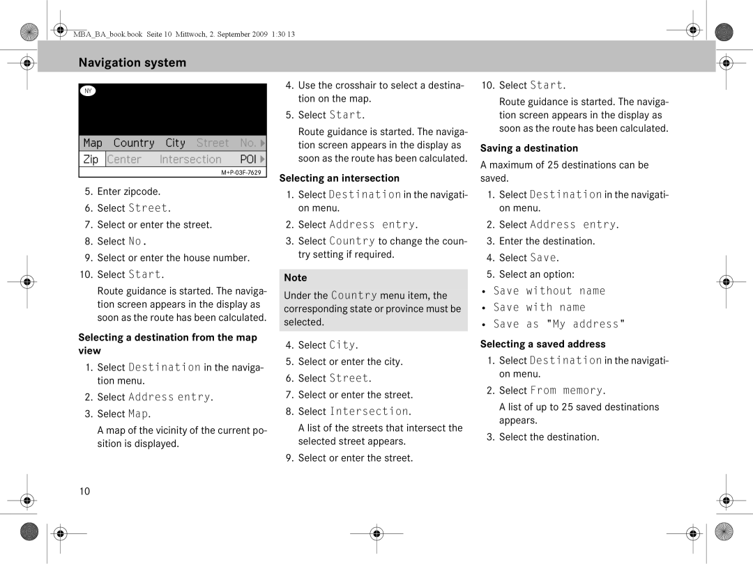 Mercedes-Benz A 002 584 34 71 Selecting a destination from the map view, Selecting an intersection, Saving a destination 