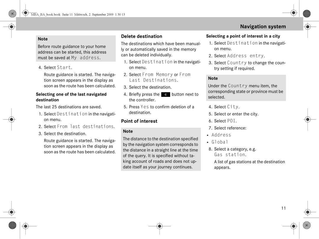 Mercedes-Benz A 002 584 34 71 Delete destination, Point of interest, Selecting one of the last navigated destination 