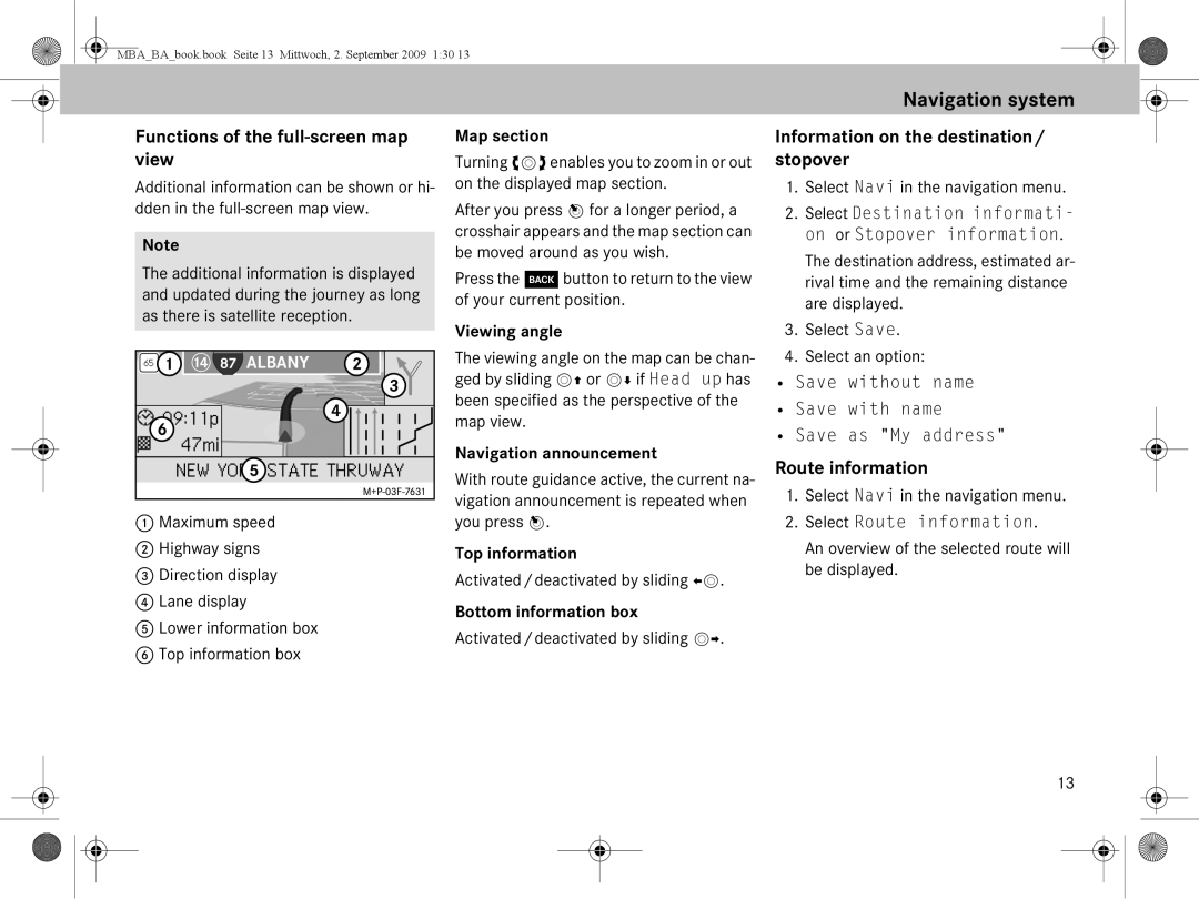 Mercedes-Benz A 002 584 34 71 Functions of the full-screen map view, Information on the destination / stopover 