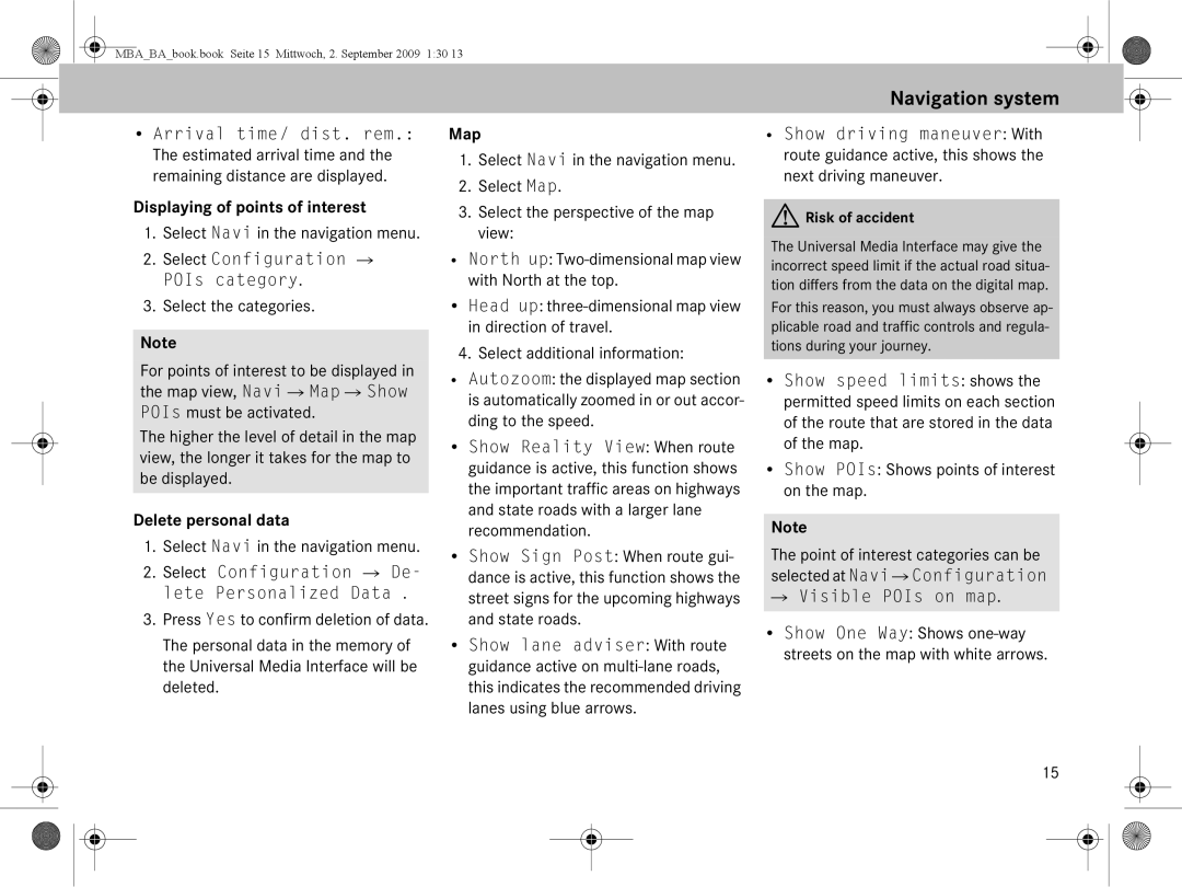 Mercedes-Benz A 002 584 34 71 operating instructions Displaying of points of interest, Delete personal data, Map 