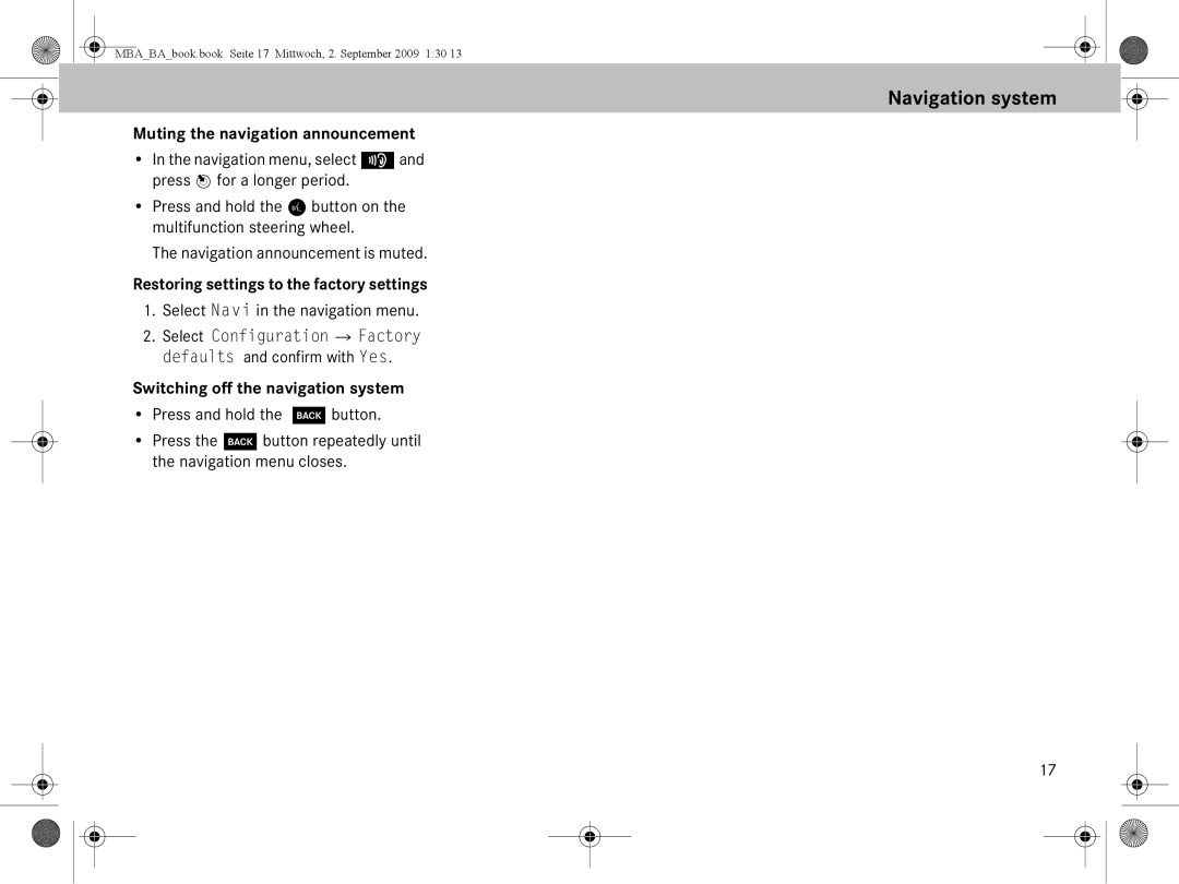 Mercedes-Benz A 002 584 34 71 Muting the navigation announcement, Restoring settings to the factory settings 