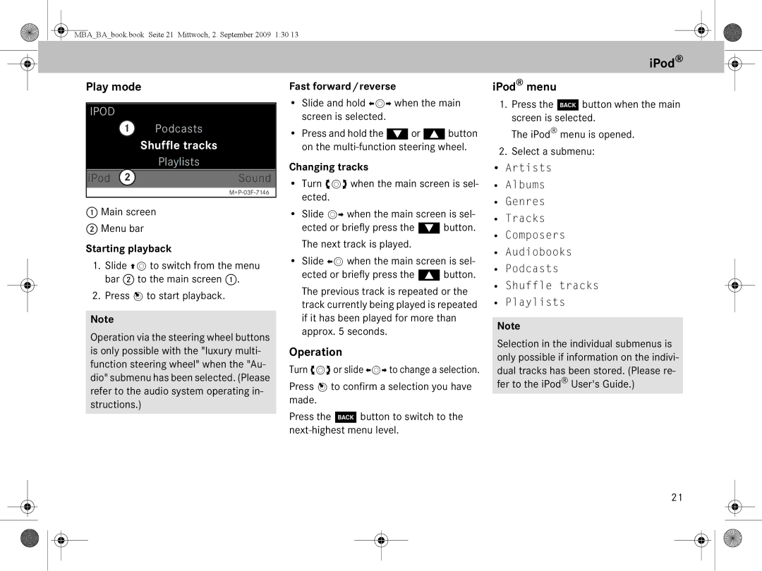 Mercedes-Benz A 002 584 34 71 Play mode, IPod menu, Starting playback, Fast forward / reverse, Changing tracks 