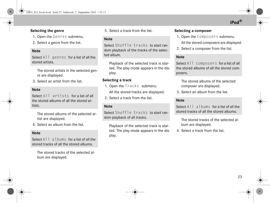 Mercedes-Benz A 002 584 34 71 operating instructions Selecting the genre, Selecting a track, Selecting a composer 