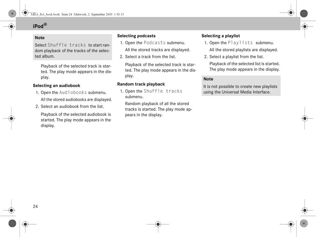 Mercedes-Benz A 002 584 34 71 Selecting an audiobook, Selecting podcasts, Random track playback, Selecting a playlist 