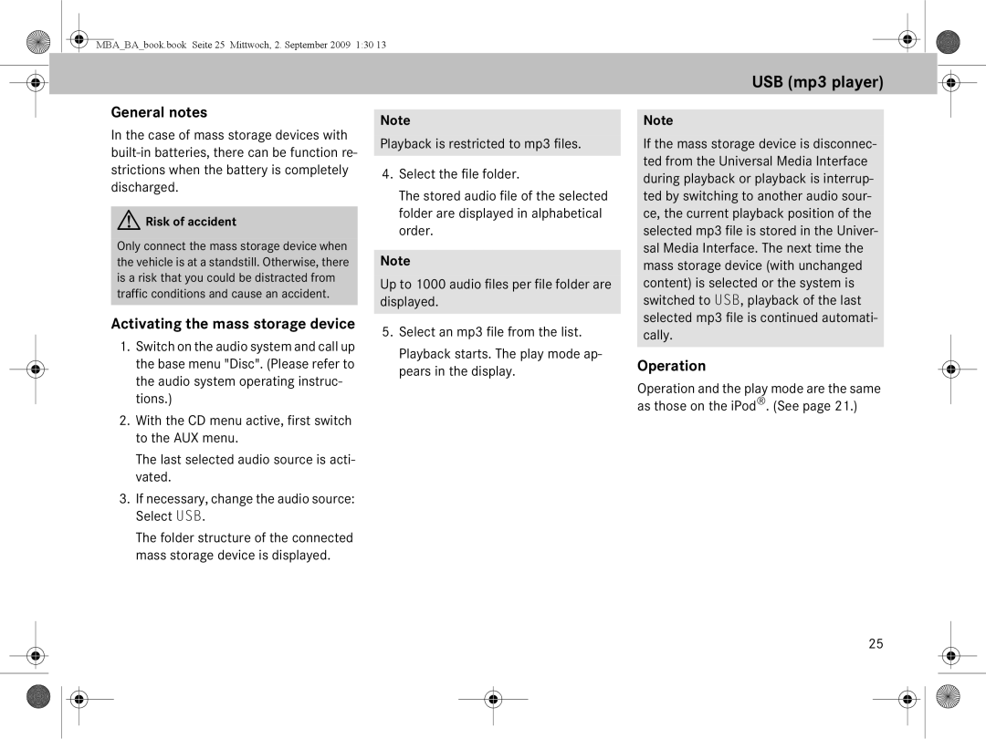 Mercedes-Benz A 002 584 34 71 operating instructions USB mp3 player, Activating the mass storage device 