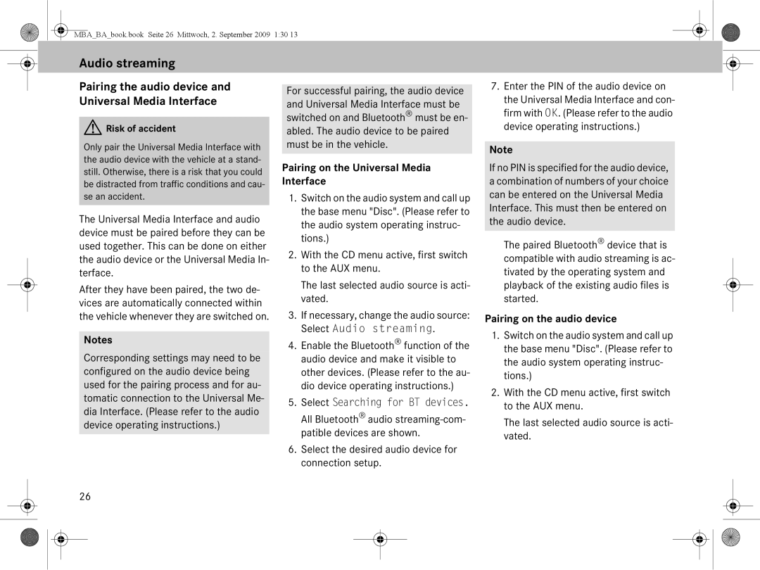 Mercedes-Benz A 002 584 34 71 Audio streaming, Pairing the audio device and Universal Media Interface 