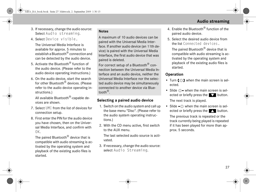 Mercedes-Benz A 002 584 34 71 operating instructions Selecting a paired audio device, Select Device visible 