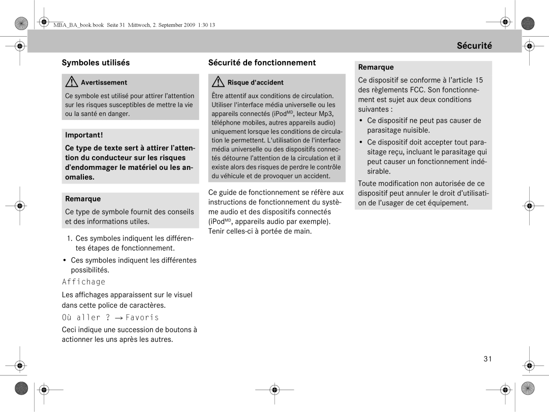 Mercedes-Benz A 002 584 34 71 Symboles utilisés, Sécurité de fonctionnement, Affichage, Où aller ? Favoris 