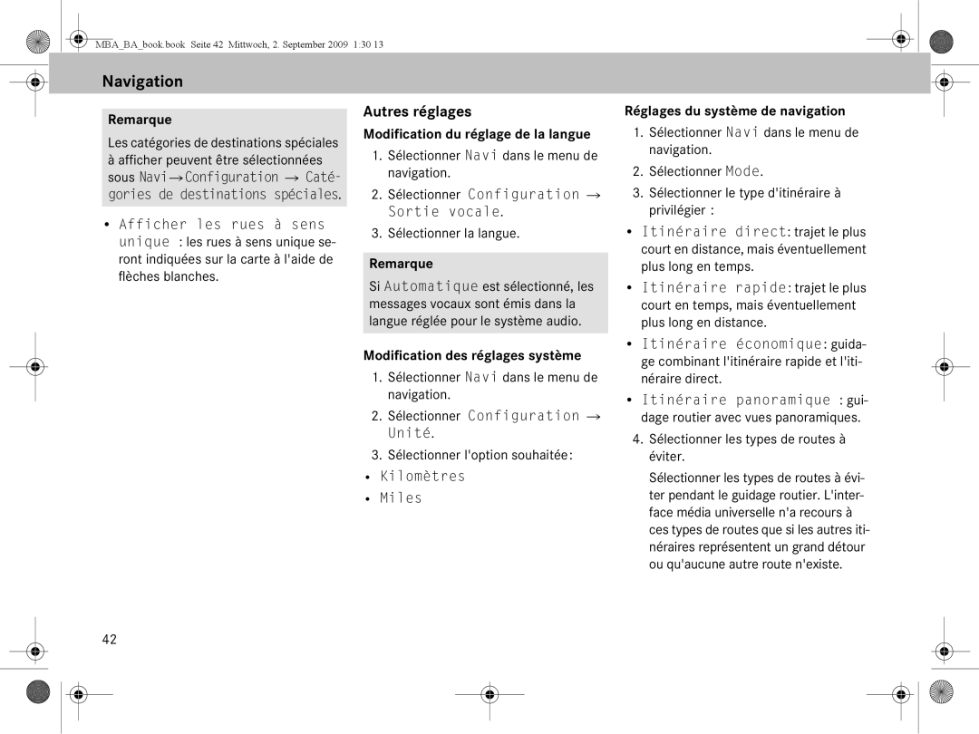 Mercedes-Benz A 002 584 34 71 Autres réglages, Modification du réglage de la langue, Réglages du système de navigation 