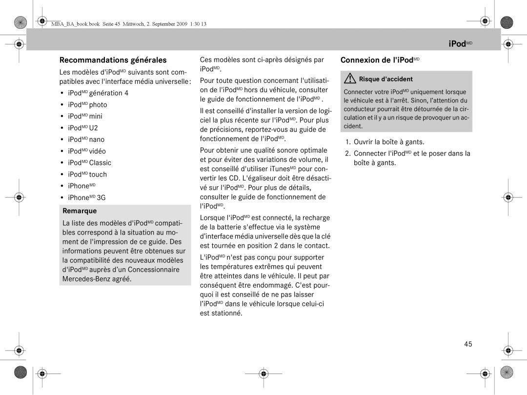 Mercedes-Benz A 002 584 34 71 operating instructions IPodMD, Recommandations générales, Connexion de liPodMD 