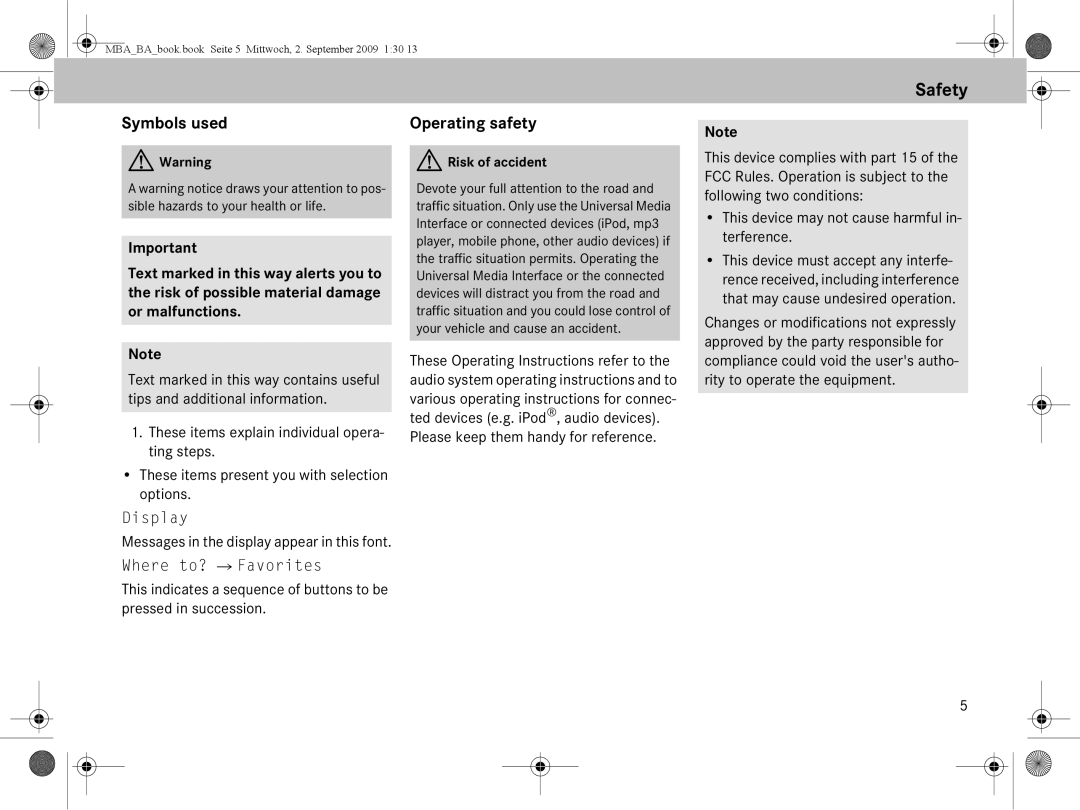 Mercedes-Benz A 002 584 34 71 operating instructions Safety, Symbols used, Operating safety, Display, Where to? Favorites 