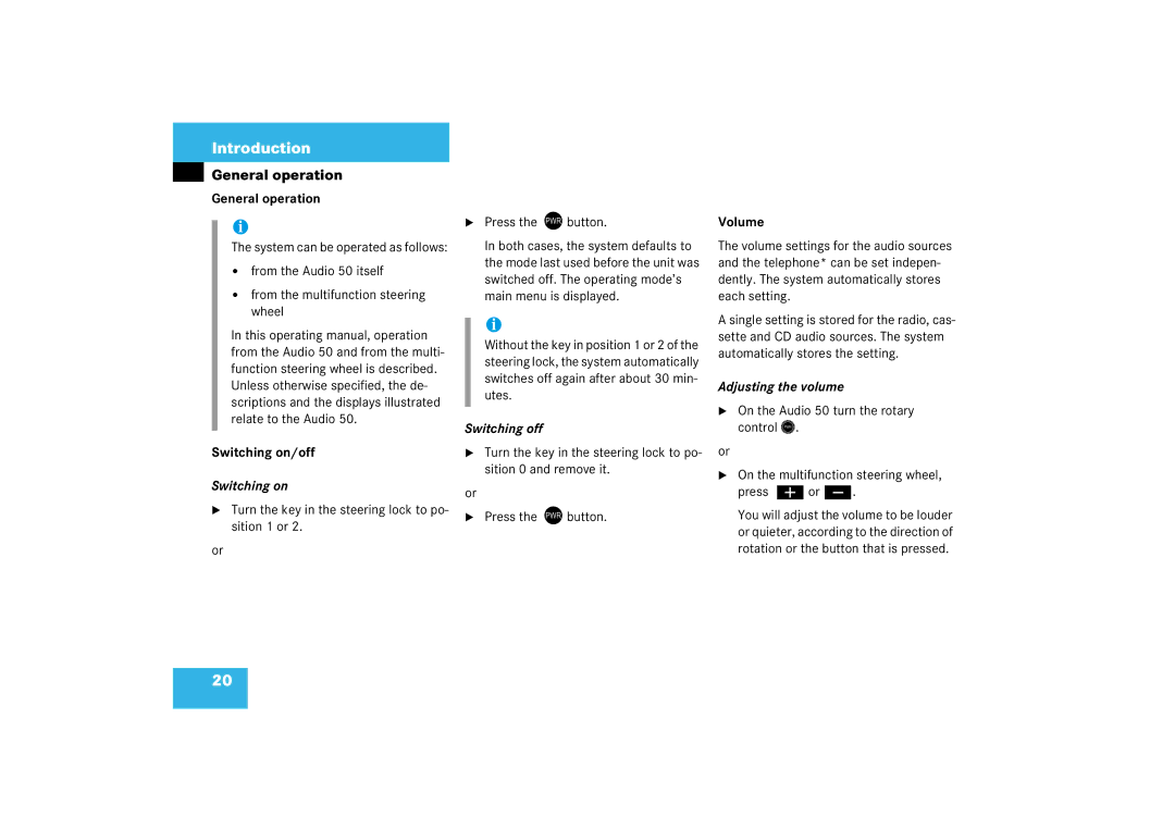 Mercedes-Benz Audio 50 manual General operation, Switching on/off, Switching off, Adjusting the volume 