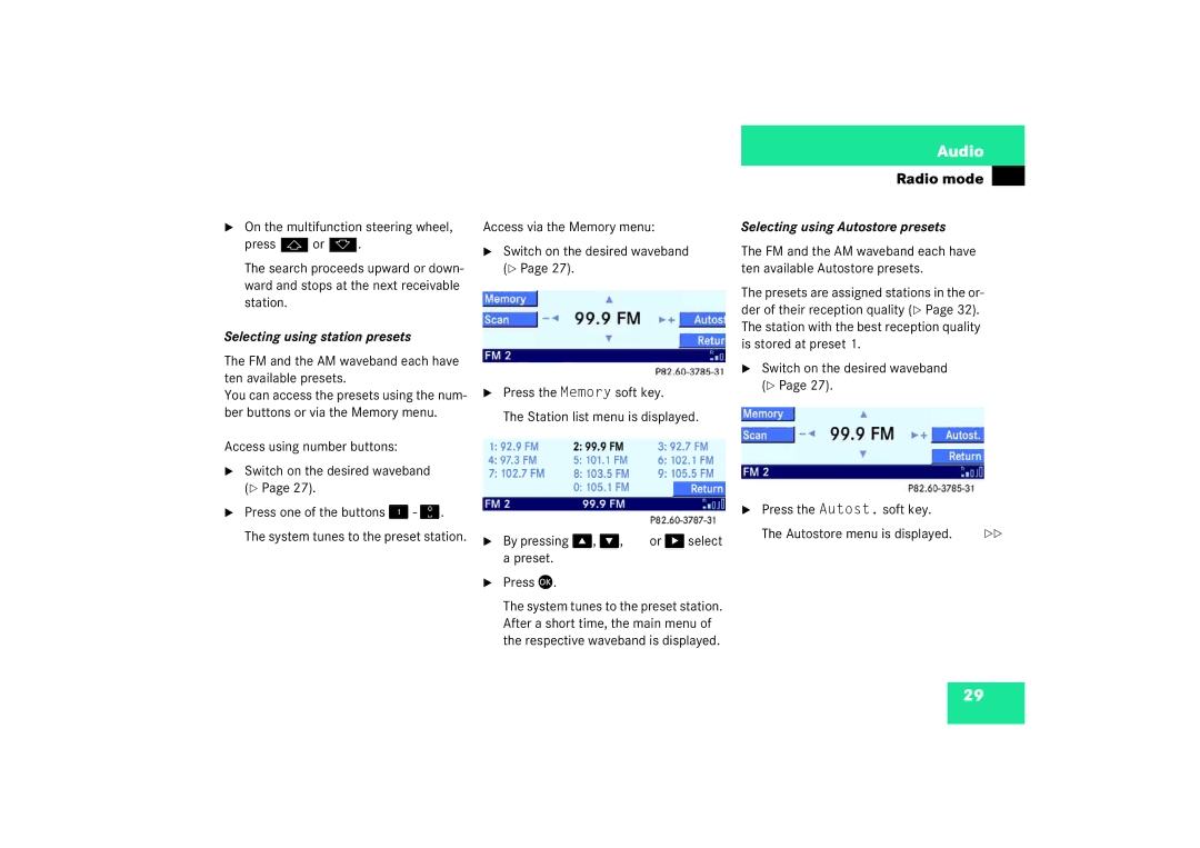 Mercedes-Benz Audio 50 manual Selecting using station presets, FM and the AM waveband each have ten available presets 