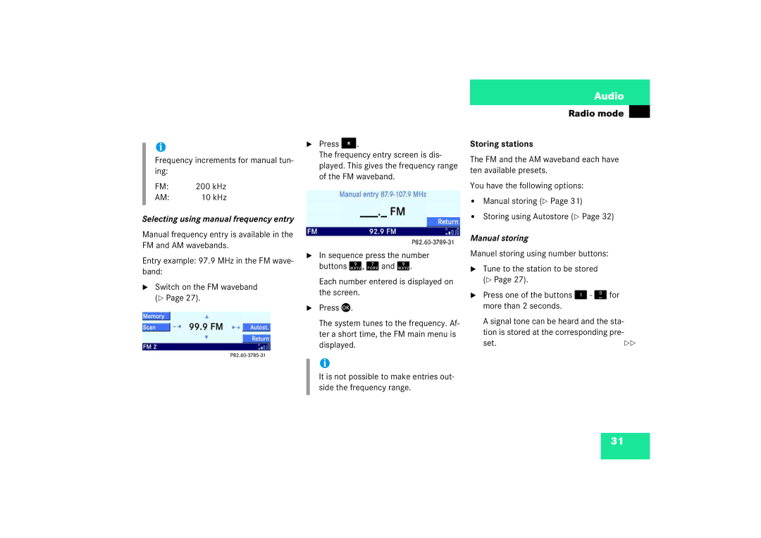 Mercedes-Benz Audio 50 Frequency increments for manual tun- ing, Storing stations, Manual storing, Set 