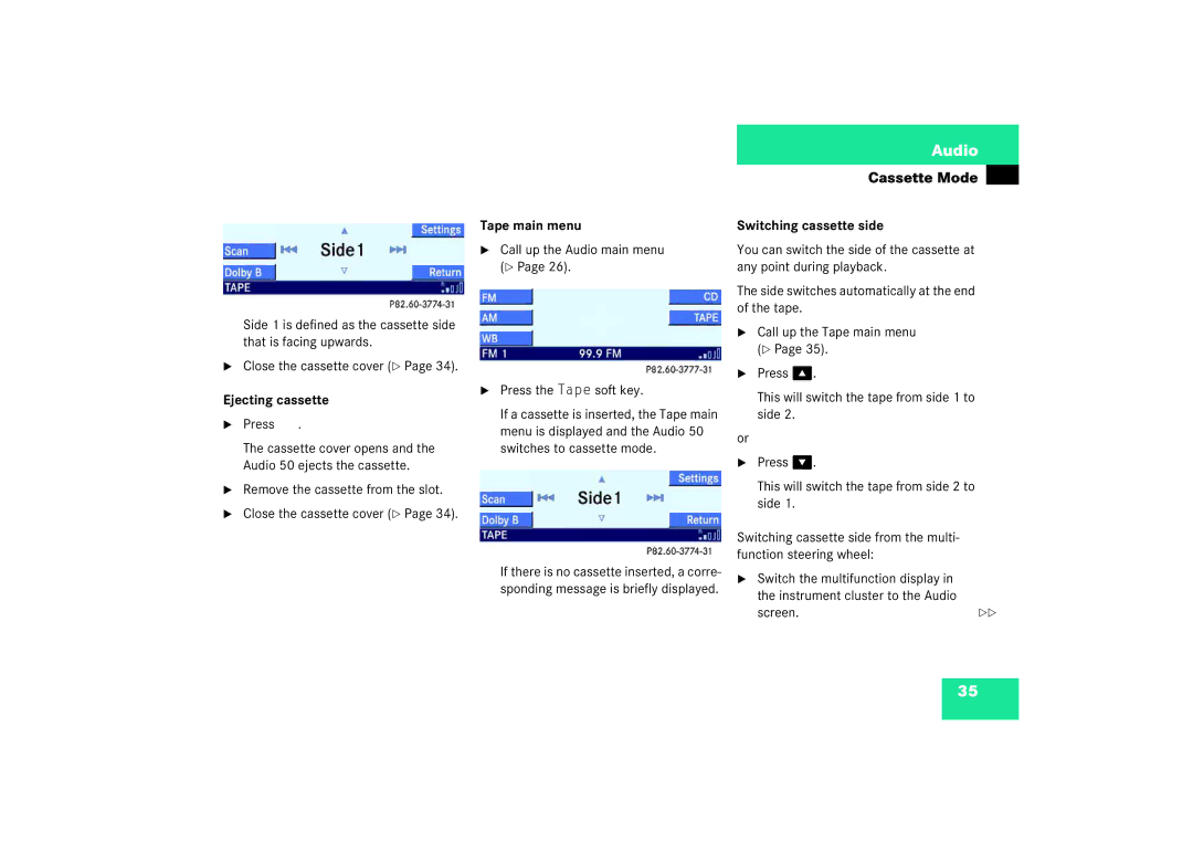 Mercedes-Benz Audio 50 manual Ejecting cassette, Tape main menu, Switching cassette side 