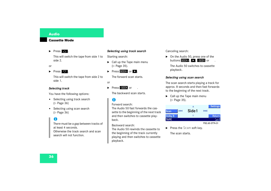 Mercedes-Benz Audio 50 manual Selecting track, Selecting using track search, Selecting using scan search 