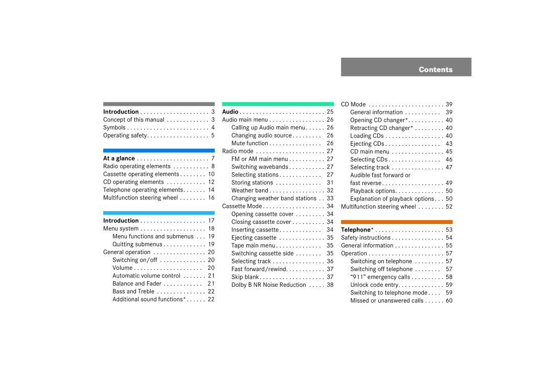 Mercedes-Benz Audio 50 manual Contents 