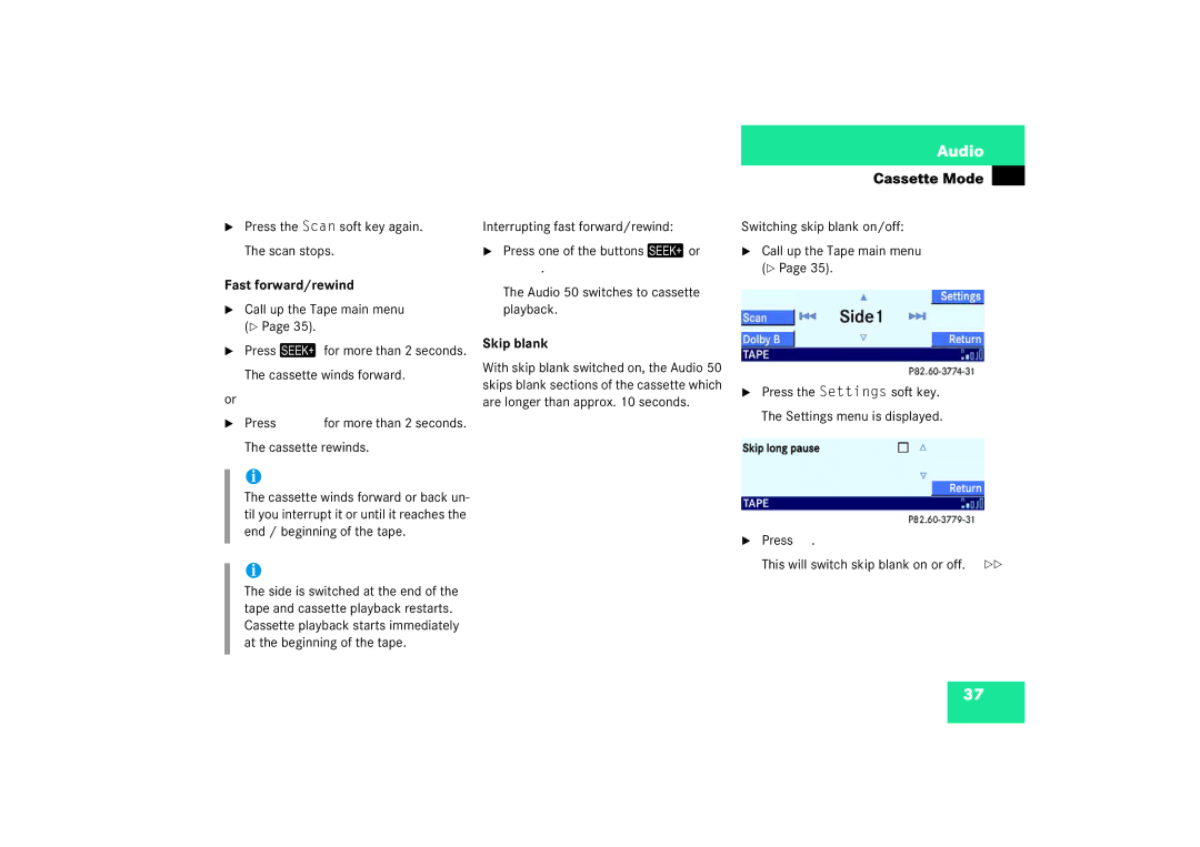Mercedes-Benz Audio 50 Fast forward/rewind, Cassette rewinds, Skip blank, Press This will switch skip blank on or off 