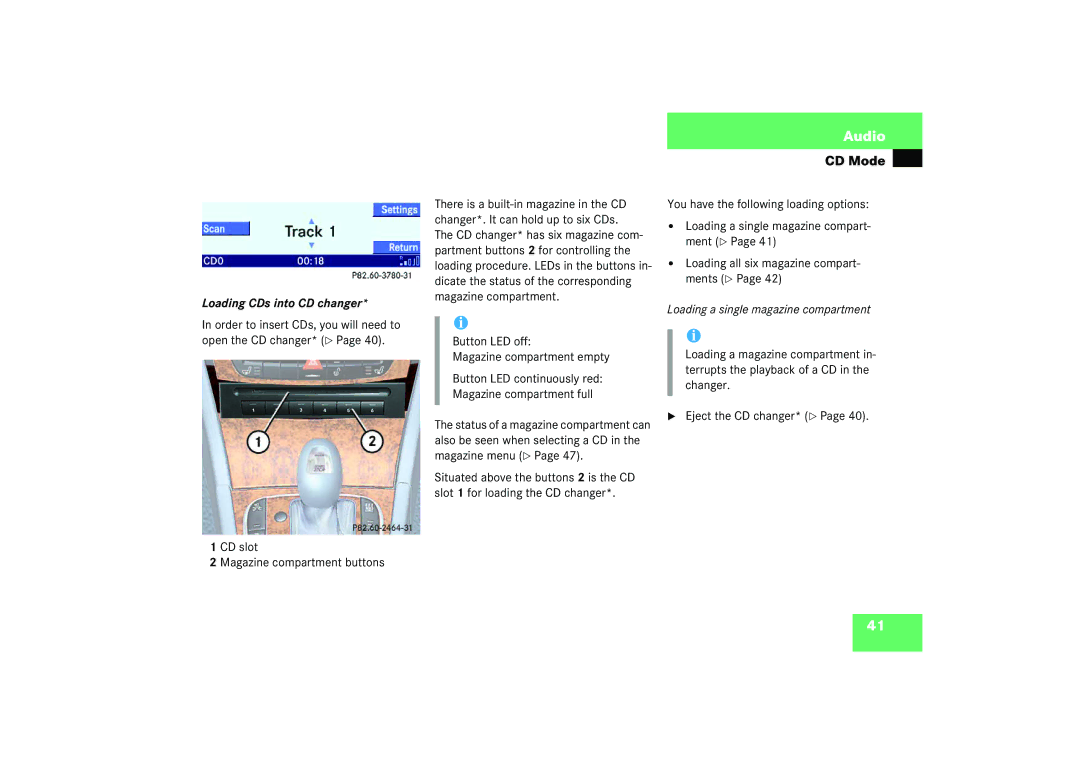 Mercedes-Benz Audio 50 manual Loading CDs into CD changer, Loading a single magazine compartment 