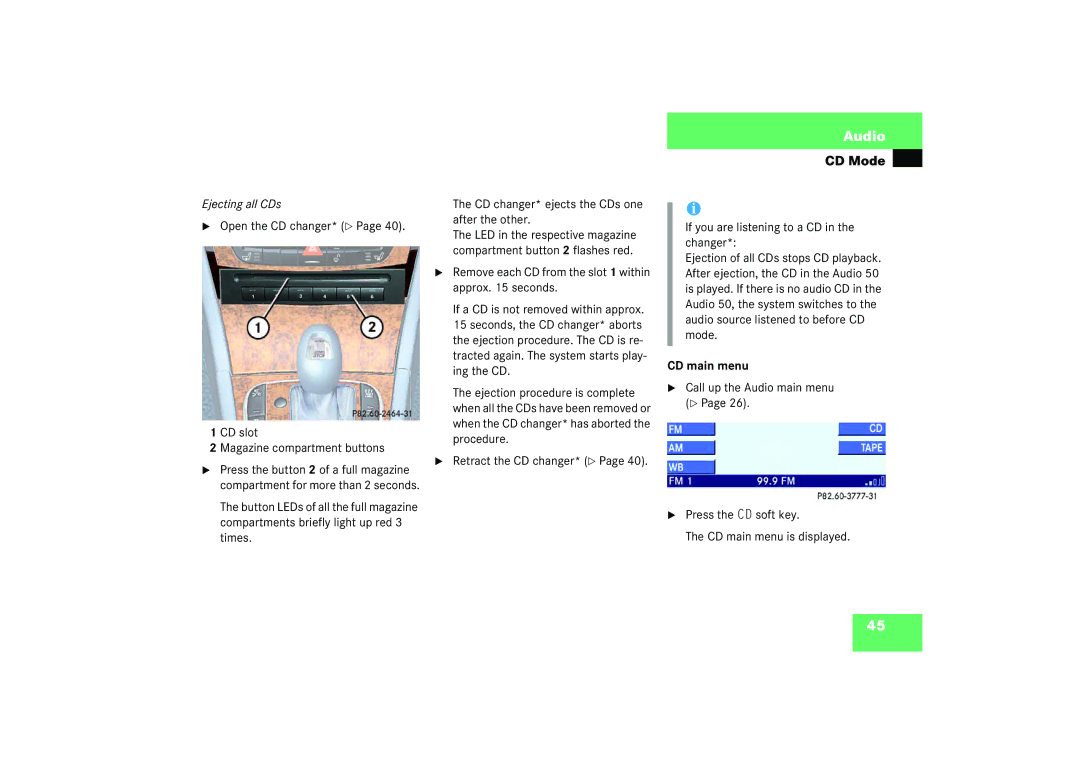Mercedes-Benz Audio 50 manual Open the CD changer* CD slot Magazine compartment buttons, CD main menu 