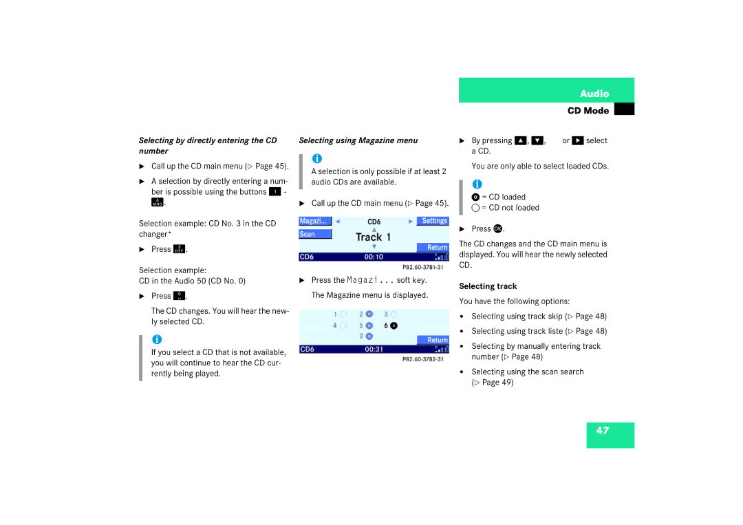 Mercedes-Benz Audio 50 manual Selecting by directly entering the CD number, Selecting using Magazine menu, Selecting track 