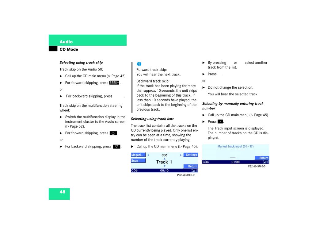 Mercedes-Benz Audio 50 manual Selecting using track skip, Track skip on the Audio, Selecting using track liste 