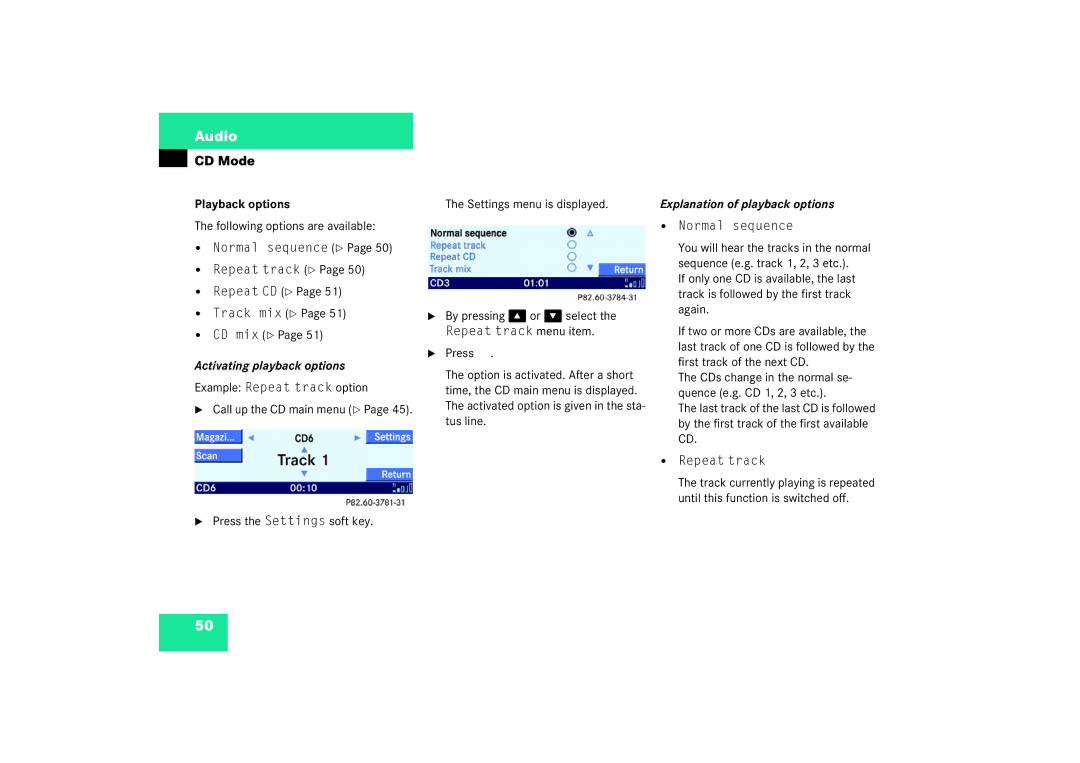 Mercedes-Benz Audio 50 manual Playback options, Activating playback options, Explanation of playback options 