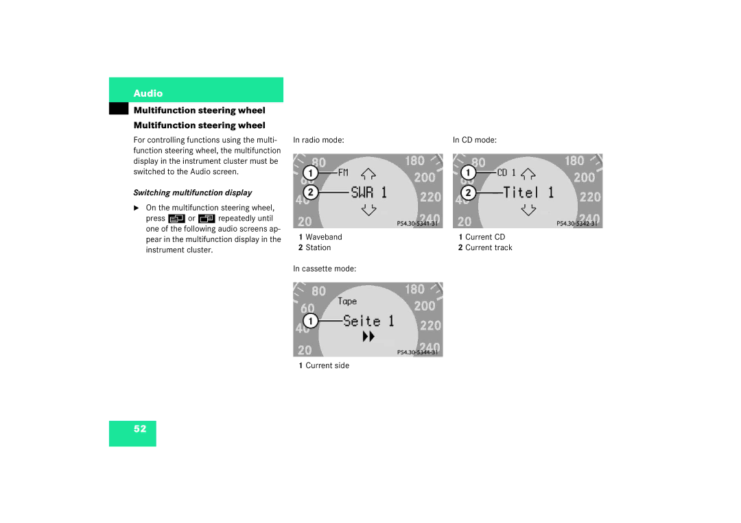 Mercedes-Benz Audio 50 manual Switching multifunction display, Waveband Current CD Station, Cassette mode Current side 