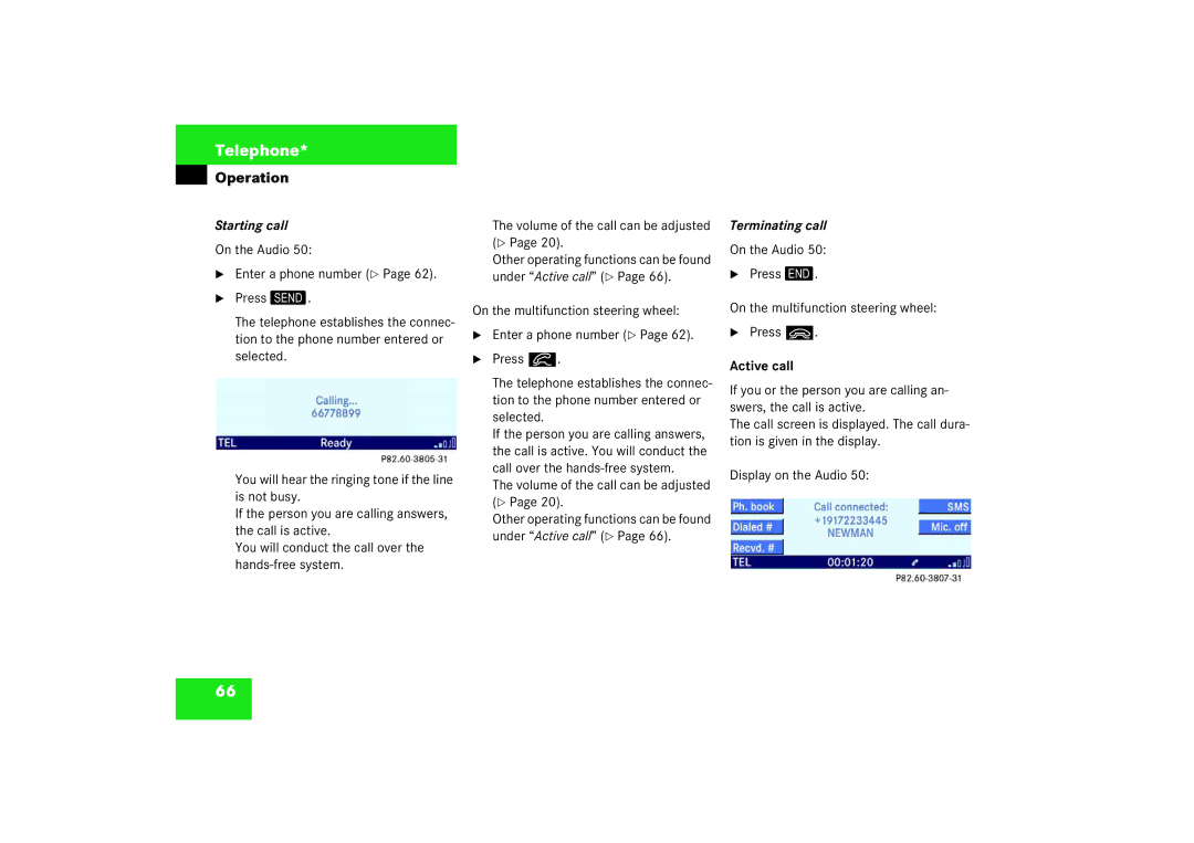 Mercedes-Benz Audio 50 manual Starting call, Active call 