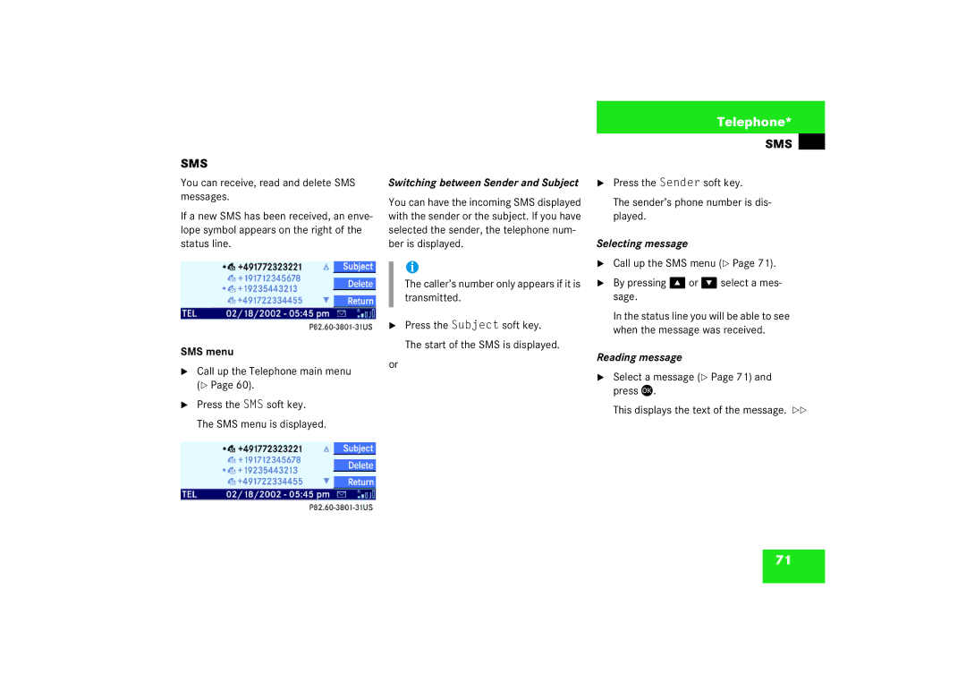 Mercedes-Benz Audio 50 SMS menu, Caller’s number only appears if it is transmitted, Selecting message, Reading message 