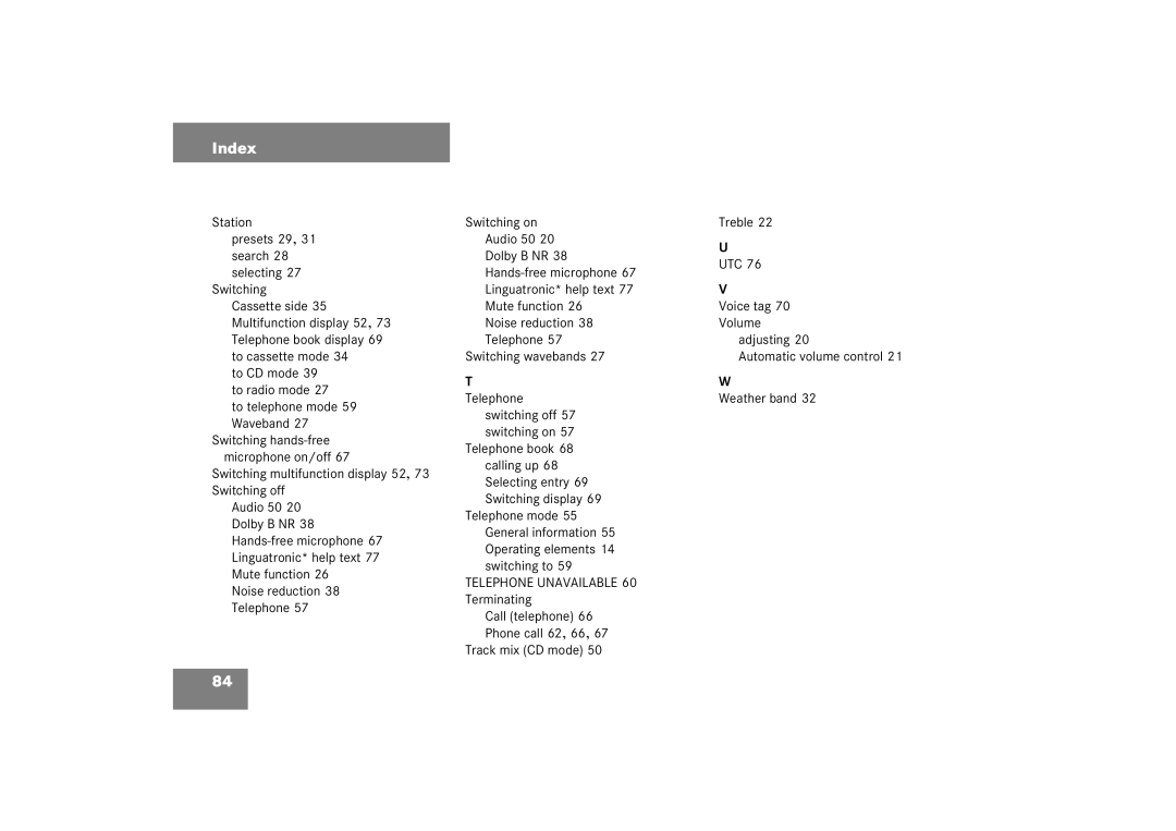 Mercedes-Benz Audio 50 manual Noise reduction Volume, Telephone Adjusting To cassette mode Switching wavebands 