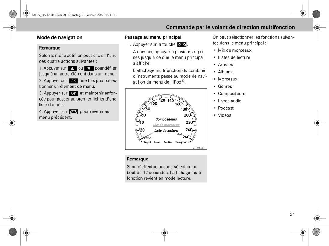 Mercedes-Benz B6 782 4573 manual Passage au menu principal 