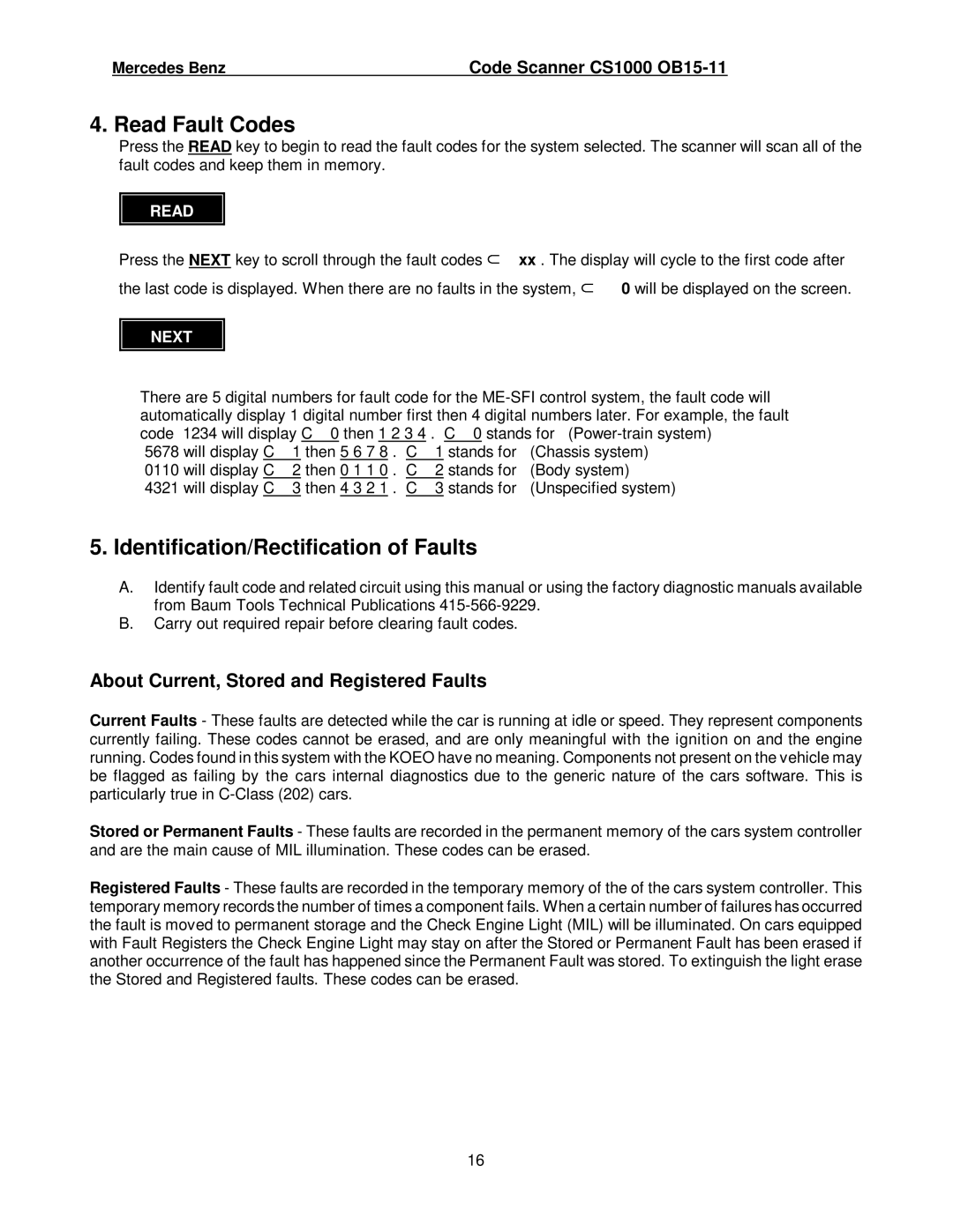 Mercedes-Benz CS1000 manual Read Fault Codes 